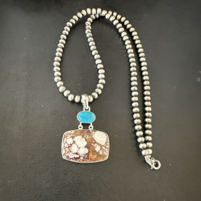 Men's Wild Horse Blue Kingman Turquoise Necklace | Sterling Silver SW Pendant | Multi-Stone | 17326