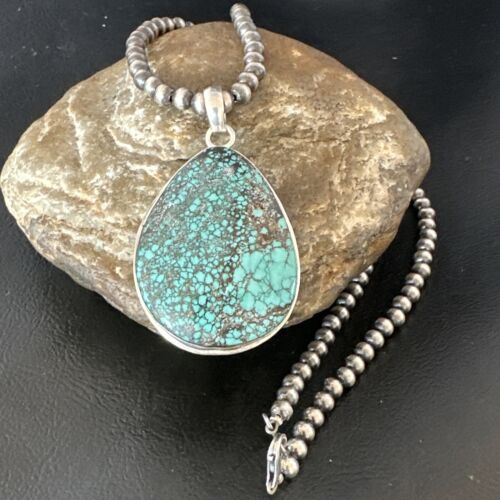 Men's Navajo Blue Spiderweb Turquoise Pendant Necklace | Sterling Silver | Authentic Native American Handmade | 16208