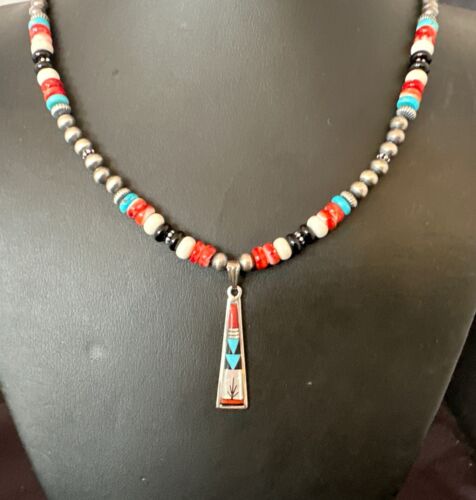 Navajo Turquoise Spiny Oyster Inlay Pendant Necklace | Sterling Silver | Authentic Native American Handmade | 13562