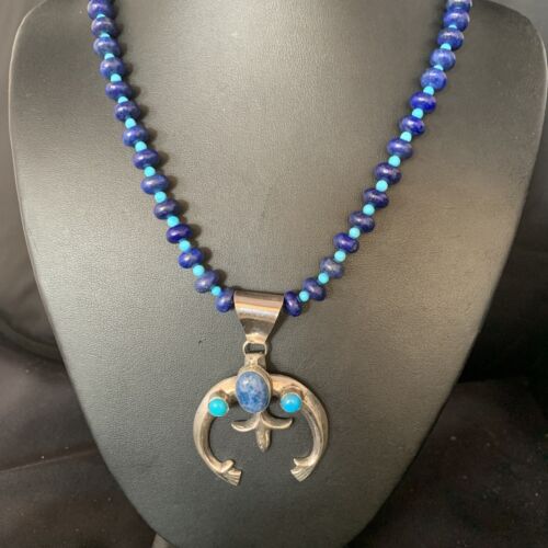 Navajo Blue Denim Lapis Turquoise Naja Pendant Necklace | Sterling Silver | Native American Handmade | 13701