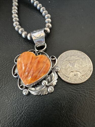 Navajo Orange Spiny Oyster Heart Pendant Necklace | Sterling Silver | Authentic Native American Handmade | 16423