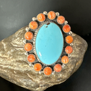 Navajo Turquoise & Spiny Oyster Cluster Ring | Authentic Native American Sterling Silver | Multi-Stone | Sz 12 | 16027