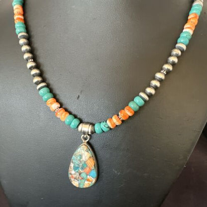 Navajo Spiny Turquoise Pendant Necklace | Sterling Silver | 22" | Authentic Native American Handmade | 17413