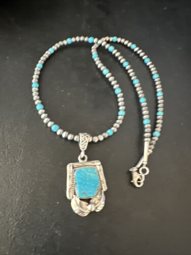 Navajo Pearls Kingman Turquoise Necklace | Sterling Silver | Authentic Native American Handmade | 14895 - Masha USA