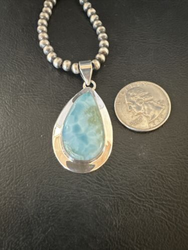 Navajo Blue Larimar Pendant Necklace | Sterling Silver Beads | Authentic Native American Handmade | 17565