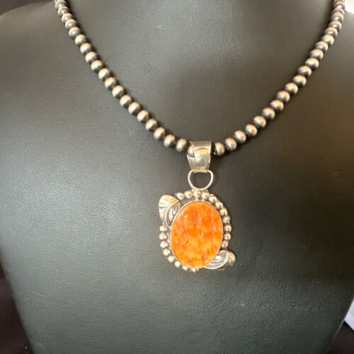 Navajo Orange Spiny Oyster Pendant Necklace | Sterling Silver Pearls | Authentic Native American Handmade | 16553