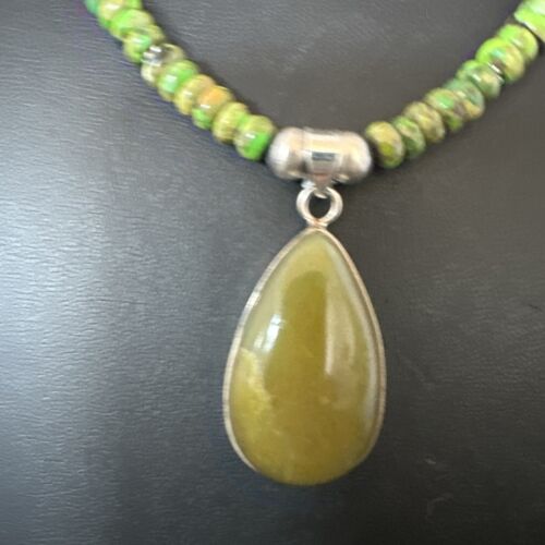 Navajo Green Turquoise Pendant with Pearls | Sterling Silver Necklace | Authentic Native American Handmade | 16917