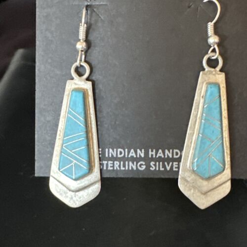 Navajo Blue Turquoise Inlay Earrings | Sterling Silver | Authentic Native American Handmade | 15269