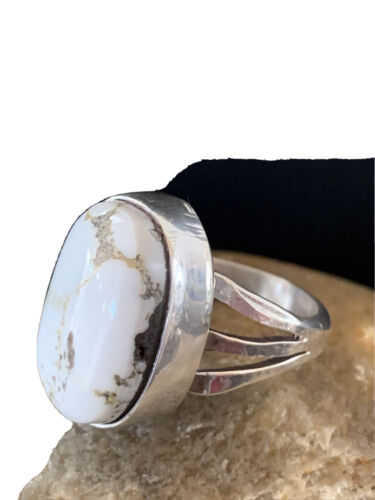 Navajo White Buffalo Turquoise Ring | Sterling Silver | Sz 9.5 | Authentic Native American Handmade | 1446