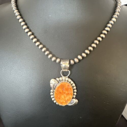 Navajo Orange Spiny Oyster Pendant Necklace | Sterling Silver Pearls | Authentic Native American Handmade | 16553