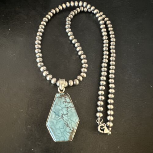 Men's Spiderweb Turquoise Pendant | Navajo Pearls Sterling Silver Necklace | Authentic Native American Handmade | 15533