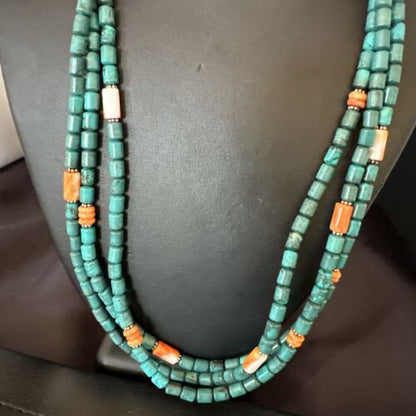 Navajo Blue Turquoise Spiny Oyster Necklace | Sterling Silver | Authentic Native American Handmade | 17535