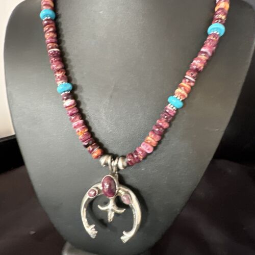 Navajo Purple Spiny Oyster Turquoise Naja Pendant Necklace | Sterling Silver | Native American Handmade | 15263