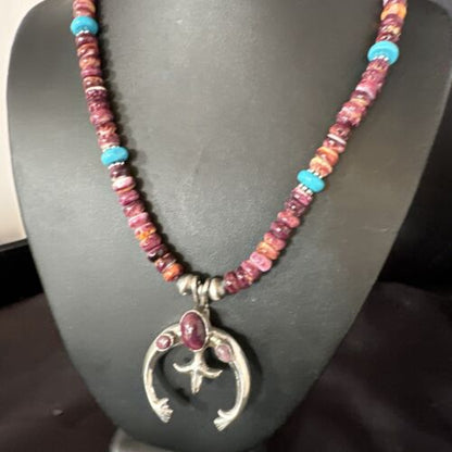 Navajo Purple Spiny Oyster Turquoise Naja Pendant Necklace | Sterling Silver | Native American Handmade | 15263