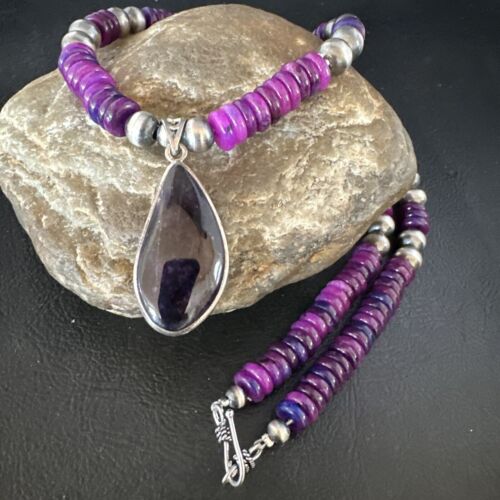 Navajo Pearls Purple Sugilite Pendant Necklace | Sterling Silver Beads | Authentic Native American Handmade | 15373