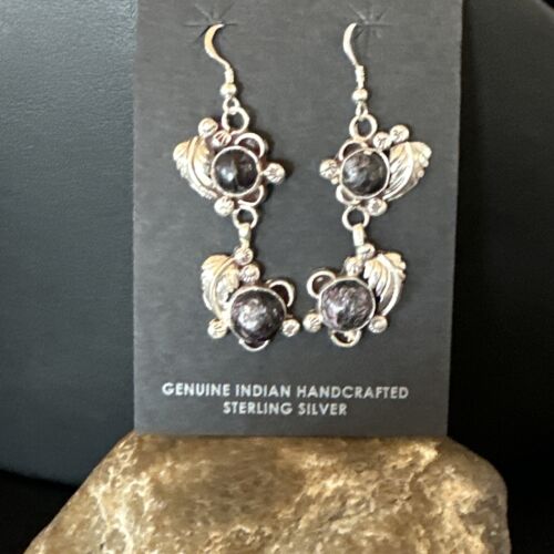 Navajo Purple Sugilite Dangle Earrings | Sterling Silver | 2" | Authentic Native American Handmade | 15691