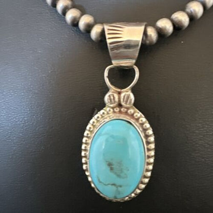 Navajo Pearls Kingman Turquoise Pendant Necklace | Sterling Silver | Authentic Native American Handmade | 17134