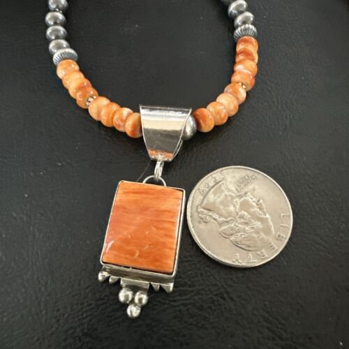 Navajo Pearls Necklace with Orange Spiny Oyster Pendant | Sterling Silver | Authentic Native American Handmade | 17050