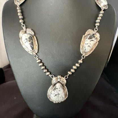 Navajo White Buffalo Turquoise Pendant Necklace | Sterling Silver | Authentic Native American Handmade | 15249