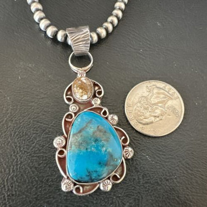 Navajo Blue Kingman Turquoise Wild Horse Necklace Pendant | Sterling Silver | Authentic Native American Handmade | 17221