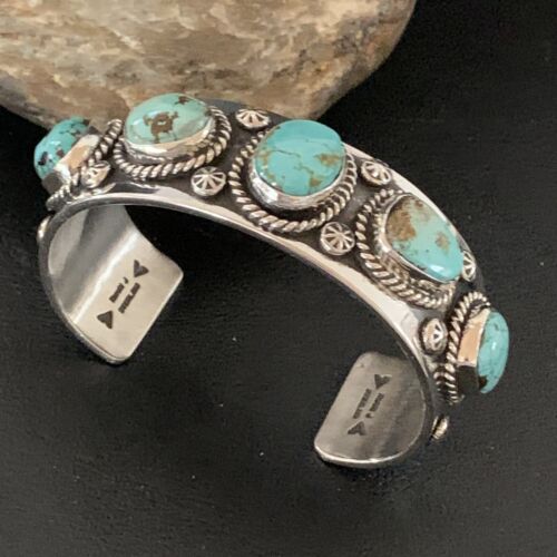 Navajo Blue Royston Turquoise 5 Stone Cuff Bracelet | Sterling Silver | Authentic Native American Handmade | 01383