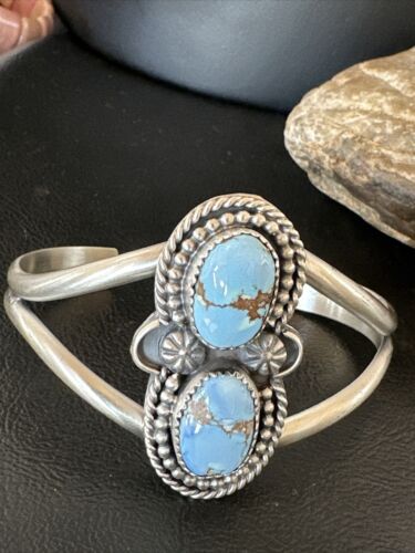 Navajo Blue Golden Hills Turquoise Cuff Bracelet | Sterling Silver | Authentic Native American Handmade | 16429