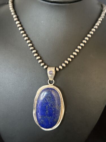 Men's Denim Lapis Lazuli Pendant Necklace | Navajo Beads | Sterling Silver | Authentic Native American Handmade | 15199