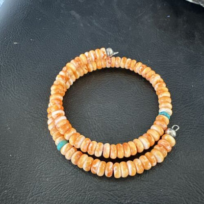 Navajo Orange Spiny Oyster Blue Turquoise Bracelet | 6mm Memory Wire Steel | Authentic Native American Handmade | 17621