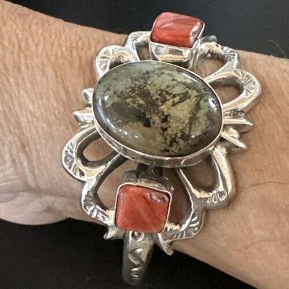 Navajo Green Turquoise & Coral Tufa Cast Cuff Bracelet | Sterling Silver | Authentic Native American Handmade | 16777