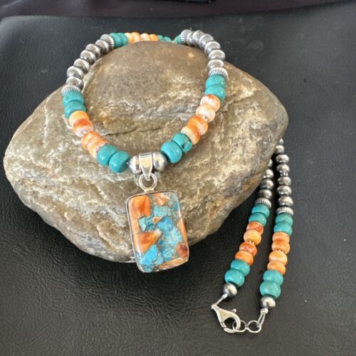 Navajo Spiny Turquoise Pendant Necklace | Sterling Silver | 22" | Authentic Native American Handmade | 17430