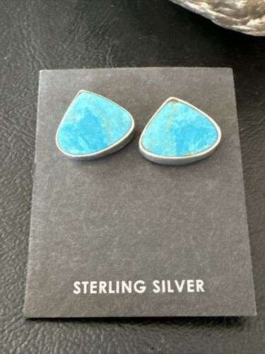 Navajo Blue Kingman Turquoise Post Stud Earrings | Sterling Silver | Authentic Native American Handmade | 17482