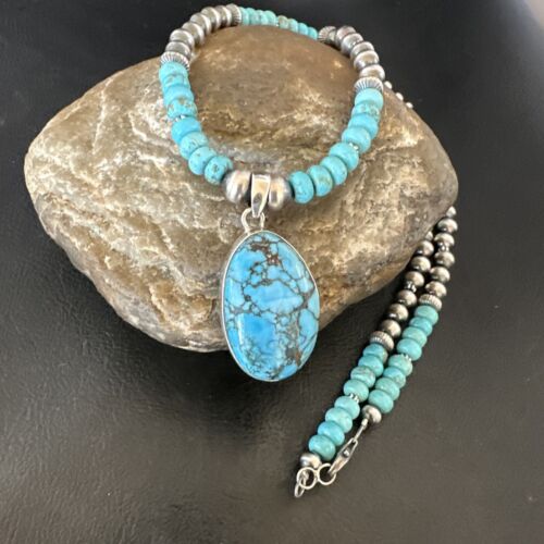 Men's Blue Spiderweb Turquoise Pendant Necklace | Navajo Sterling Silver | Authentic Native American Handmade | 16647