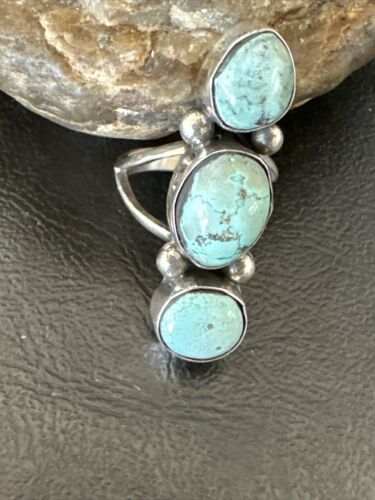 Navajo Blue Dry Creek Turquoise Cluster Ring | Authentic Native American Sterling Silver | Multi-Stone | Sz 8.5 | 17839