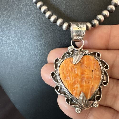 Navajo Orange Spiny Oyster Heart Pendant Necklace | Sterling Silver | Authentic Native American Handmade | 16297
