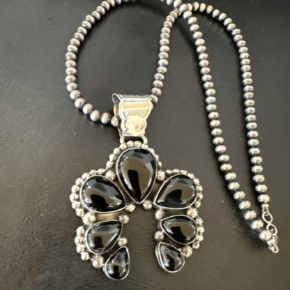 Navajo Men's Black Onyx Naja Pendant Necklace | Sterling Silver | 16103