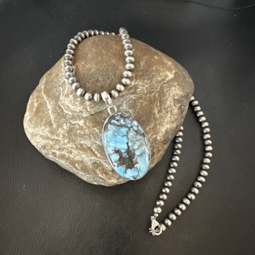 Navajo Blue Spiderweb Turquoise Pendant Necklace | Sterling Silver | Authentic Native American Handmade | 17022