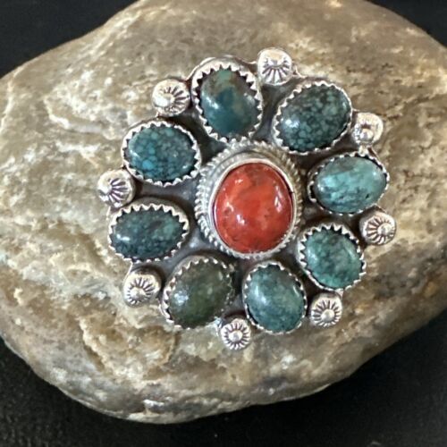 Navajo Blue Spiderweb Turquoise Coral Cluster Ring | Authentic Native American Sterling Silver | Multi-Stone | Sz 9.5 | 17182