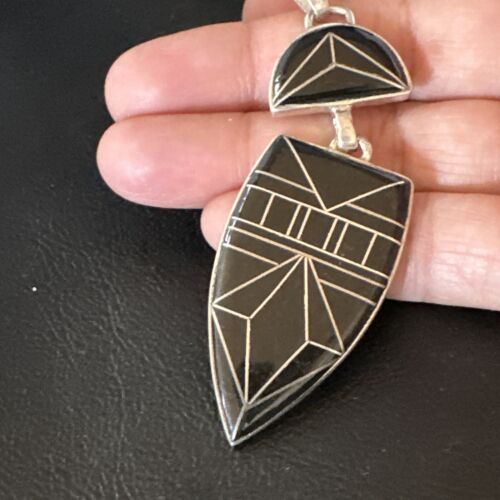 Navajo Sterling Silver Pendant with Black Onyx Inlay | Authentic Native American Handmade | 2.75"