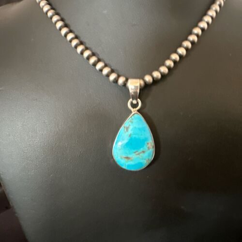 Blue Kingman Turquoise Pendant | Navajo Pearls | Sterling Silver Necklace 20" | 17010