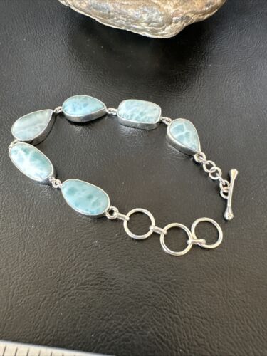 Navajo Blue Larimar Bracelet | Sterling Silver Link | 8" | Authentic Native American Handmade | 16075
