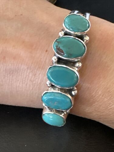Women's Blue Turquoise 5-Stone Cuff Bracelet | Navajo Sterling Silver | Authentic Native American Jewelry | 16279