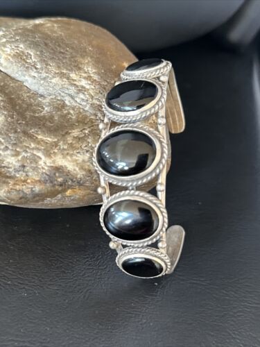 Navajo Sterling Silver Cuff Bracelet | Black Onyx 5 Stone | Authentic Native American Handmade | 14519
