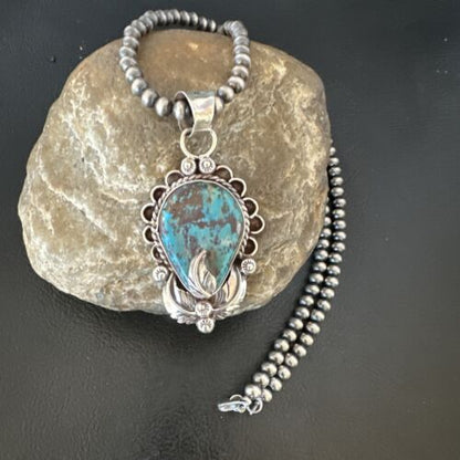 Navajo Blue Turquoise Pendant Necklace | Sterling Silver Pearls | Authentic Native American Handmade | 15644