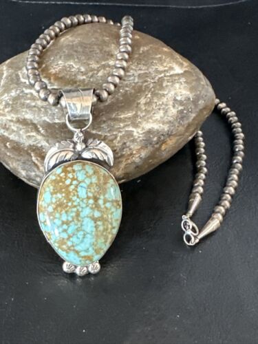 Navajo Pearls Sterling Silver Necklace Pendant | Blue Turquoise #8 | Authentic Native American Handmade | 14856