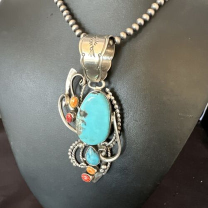 Navajo Kingman Turquoise | Spiny Oyster Necklace Pendant | Sterling Silver | Multi-Stone | 15950