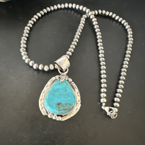 Men's Blue Kingman Turquoise Pendant Necklace | Navajo Pearls | Sterling Silver | 16021