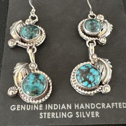 Navajo Blue Spiderweb Turquoise Dangle Earrings | Sterling Silver | Authentic Native American Handmade | 16011