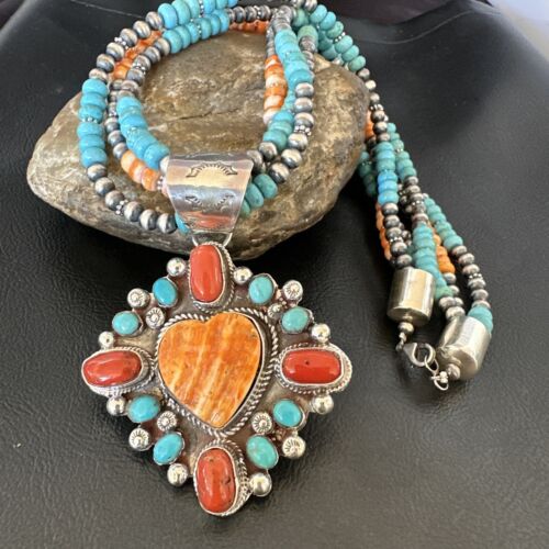 Navajo Turquoise Coral Spiny Heart Pendant | Sterling Silver 3-Strand Necklace | Authentic Native American Handmade | 16303