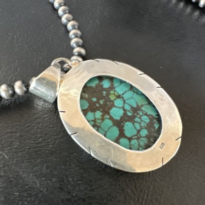 Men's Navajo Blue Spiderweb Turquoise Pendant Necklace | Sterling Silver | Authentic Native American Handmade | 16213