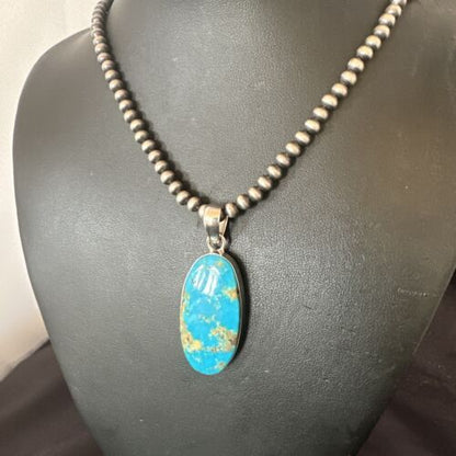 Navajo Blue Kingman Turquoise Pendant Necklace | Sterling Silver Pearls | 20" | 16685